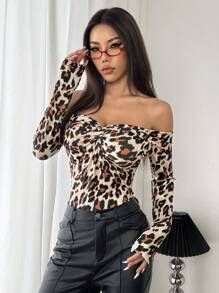 INAWLY Women Sexy Off Shoulder Twist Leopard Print Bodysuit - Apricot - View 4