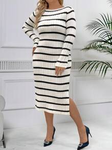 SHEIN Clasi Plus Size Autumn/Winter Elegant Color Blocking Stripe Fitted Sweater Dress