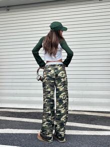 SHEIN Teen Girls' American Style Sports Campus Casual Camouflage Patchwork Contrast Color Drawstring Wide-Leg Sweatpants