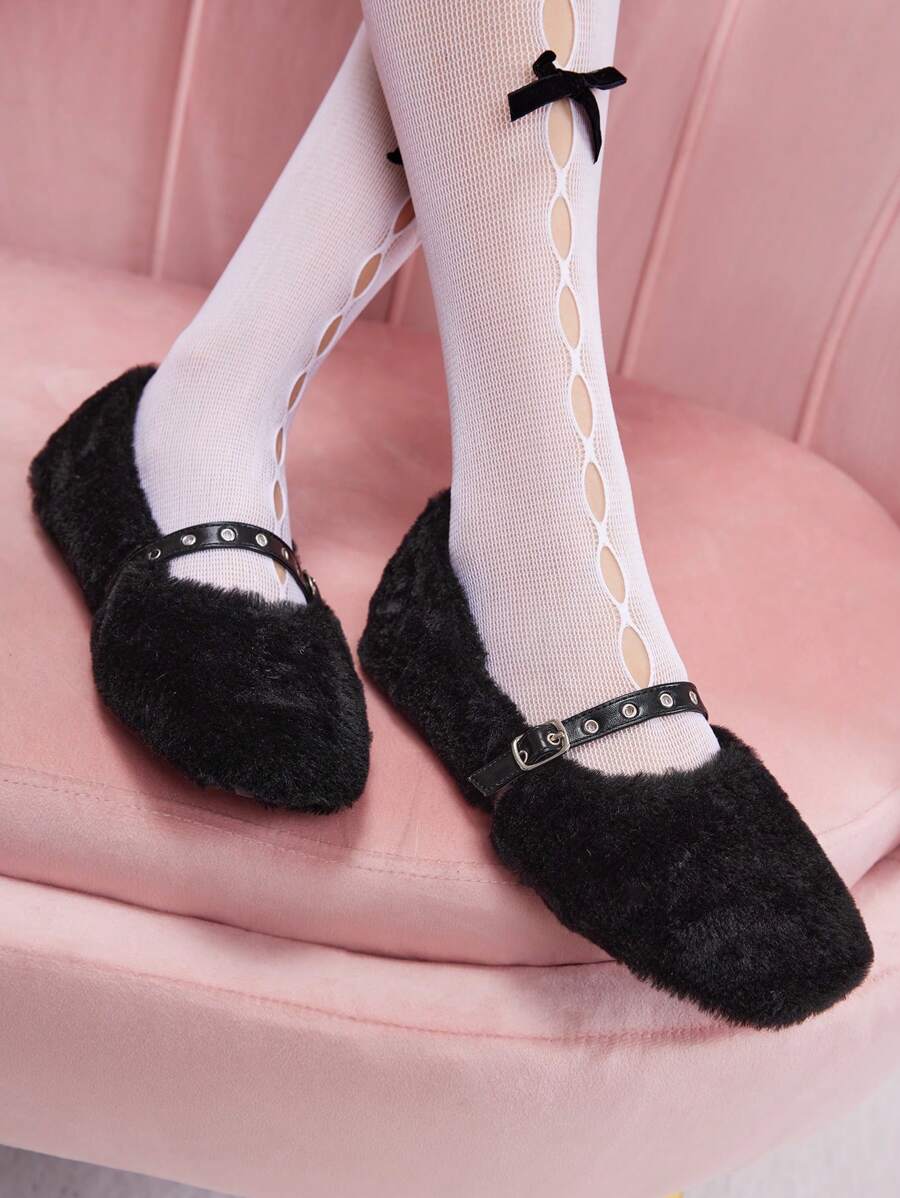 CUCCOO DOLLMOD New European Style Mink Wool Round Toe Flat Slip-On Monk Strap Women Loafers New Year Holiday Valentines