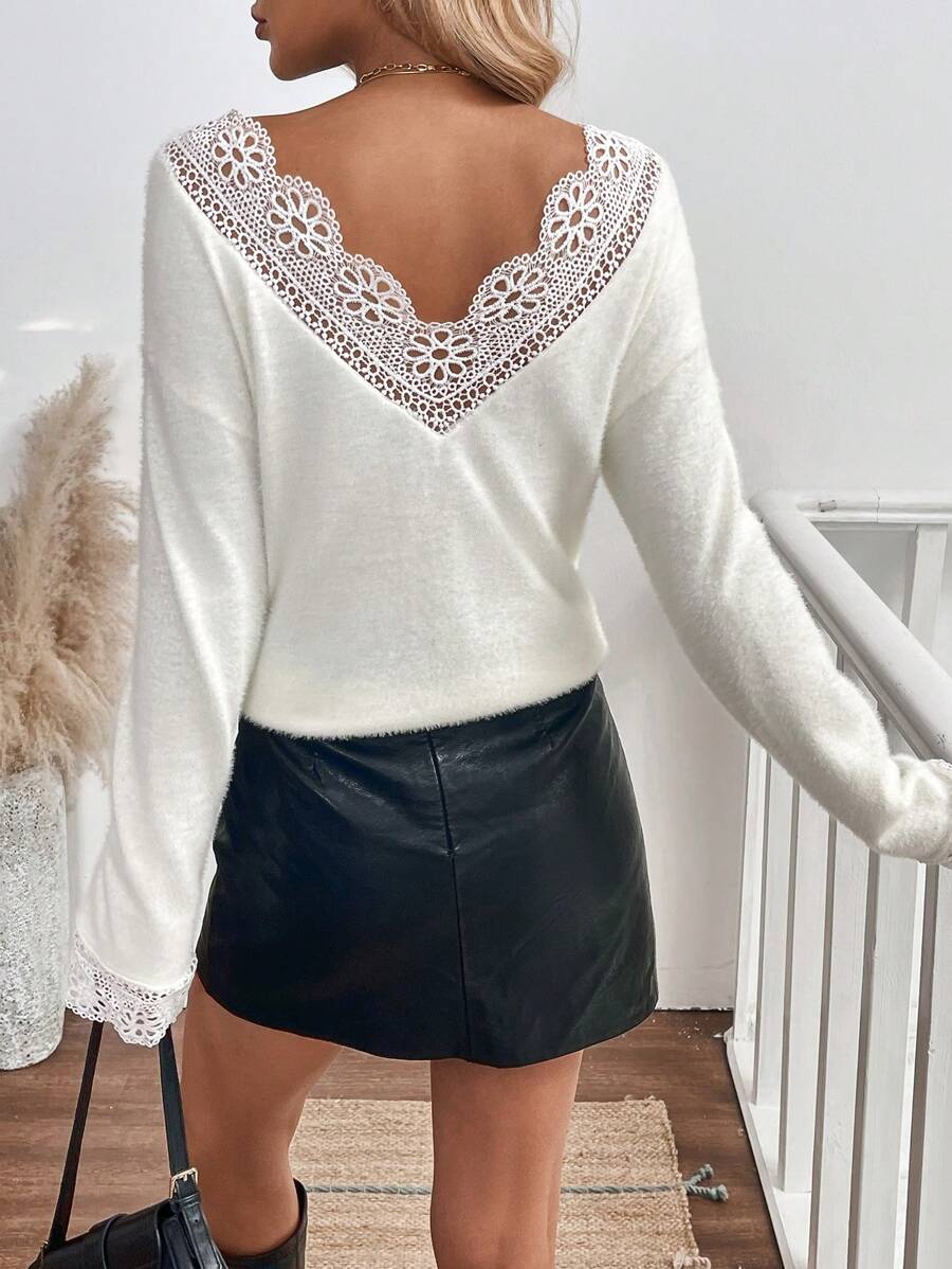 SHEIN LUNE Winter Christmas Sweater ,Women V-Neck Lace Splice Fluffy White Sweater - White - View 1