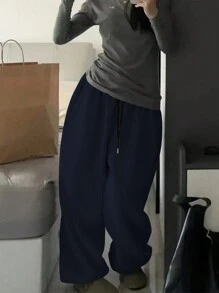 INAWLY 1 件大码纯色弹性腰部口袋哈伦宽松休闲运动裤，冬季裤子 - 藏蓝色 - 查看 4