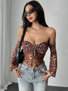 INAWLY 1pc Women Retro Leopard Print Flared Sleeve Blouse