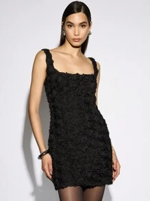 AiiRZ Đầm ôm sát cổ tròn họa tiết hoa 3D - màu đen - Xem 1