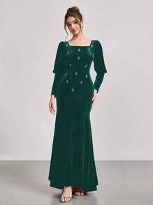 SHEIN Belle Vestido de sirena de manga larga de terciopelo con strass, nuevo vestido de gala brillante, adecuado para el escenario, fiesta y banquete, estilizador - Verde Oscuro - Ver 7