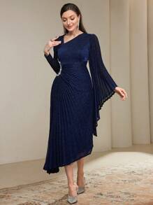 Modelyn 1pc Women's Asymmetrical Neckline Pleated Flare Sleeve Glitter Long Dress Long Evening Dresses