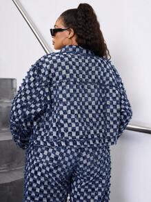 SHEIN SXY 大码女式时尚格子长袖宽松休闲牛仔夹克 - 藍色 - 查看 2