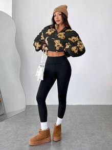 SHEIN EZwear 1pc Women Cartoon Plush Half Zip Crop Sweatshirt