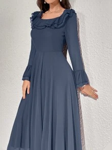 Modelyn Solid Color Ruffle Trimmed Decor Belted Dress, Elegant Evening Party Dress - Blue - View 7