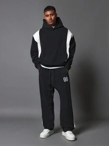 SUMWON Regular Fit Overhead Hoodie & Sweatpants With Embroidery & Colour Block Panels 2 Piece Set - Black - View 1