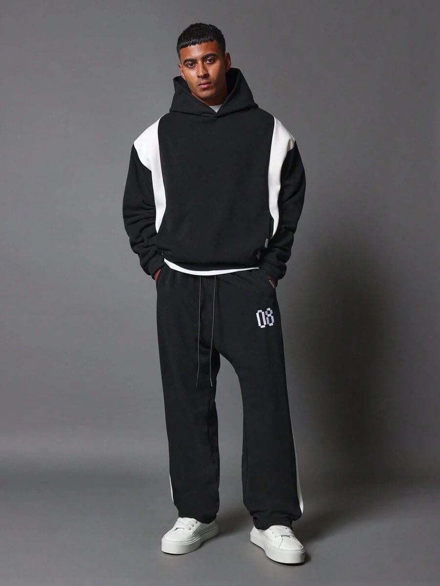 SUMWON Regular Fit Overhead Hoodie & Sweatpants With Embroidery & Colour Block Panels 2 Piece Set - Black - View 1