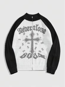 ROMWE MEN Goth Men's Stand Collar Cross Jacquard Raglan Sleeve Baseball Cardigan - Multicolor - View 1