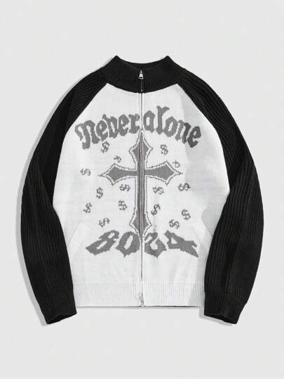 Goth Men's Stand Collar Cross Jacquard Raglan Sleeve Baseball Cardigan