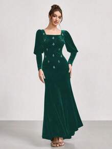 SHEIN Belle Vestido de sirena de manga larga de terciopelo con strass, nuevo vestido de gala brillante, adecuado para el escenario, fiesta y banquete, estilizador - Verde Oscuro - Ver 6