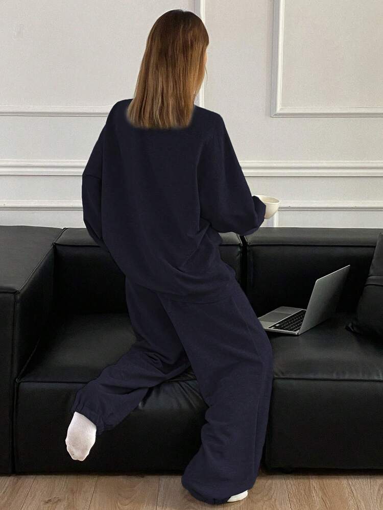 Women Casual Simple Star Decor Long Sleeve Top And Pants Loungewear Set , Cozy Outfit, Fall Winter Clothes