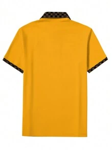 Calvornis 1pc Men's Business Casual Colorblock Checkerboard Patchwork Letter Embroidery Short Sleeve Polo Formal Shirt, Summer, Ceremony - Yellow - View 2