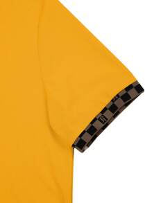 Calvornis 1pc Men's Business Casual Colorblock Checkerboard Patchwork Letter Embroidery Short Sleeve Polo Formal Shirt, Summer, Ceremony - Yellow - View 3