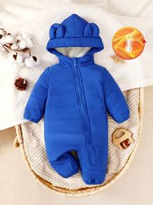 Niemowlęcy chłopięcy zimowy polarowy kombinezon z kapturem i zamkiem błyskawicznym, brązowy