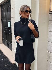 2 件套：纯色高领毛衣上衣和百褶裙 - 藏蓝色 - 查看 7