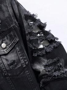 Manfinity Homme Men's Casual Long Sleeve Rapper Street Wear Plain Dark Denim Jacket With Color Block, Front Button Pockets, For Party Going Out Hang Out Disco Vacation Street, For Fall