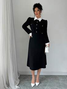 SHEIN PETITE 1pc Women Elegant Color Block Long Sleeve Button Front Midi Dress