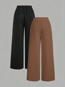 SHEIN EZwear 2pcs/Set Plus Size Black & Brown Knotted Casual Wide Leg Pants - Coffee Brown - View 2