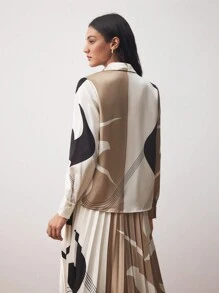 BizChic Floral Asymmetrical Geometric Print Long Sleeve Satin Blouse, Women Office Wear Clothes For Spring & Summer