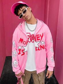Manfinity EMRG 男士休闲字母印花拉链街头风格连帽运动衫，秋季图案拉链连帽衫，男友礼物，圣诞礼物，男士外出街头装拉链图案长袖浅粉色连帽衫 - 粉色 - 查看 6