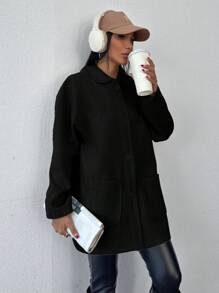 Cottnline Cotton Knitted Overcoat Drop Shoulder Double Pocket Coat Easy To Style Perfect For Autumn And Winter - Black - View 7