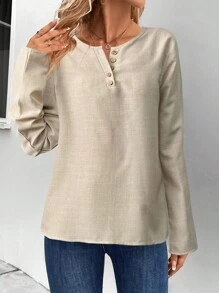 SHEIN LUNE 女士纯色前扣休闲长袖衬衫