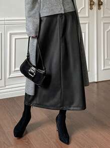 DAZY 女士纯色 PU 皮革口袋休闲长裙，适合秋冬季 - 黑色 - 查看 5
