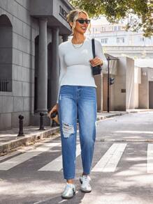 SHEIN Essnce Damen lässige zerrissene, schlichte, modische Jeans, Alltagskleidung