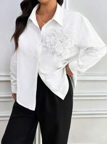 SHEIN Frenchy Elegant Simple Solid Color 3D Pearl Floral Decor Plus Size Shirt, Suitable For Office & Commute