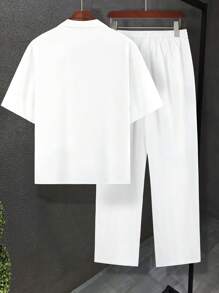 Manfinity Homme Loose Fit Men's Solid Color Lapel Neck Shirt And Pants Set, Cozy Outfits - White - View 2
