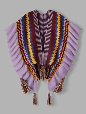 Flirla 波西米亚风荷叶边下摆斗篷开衫，加大码