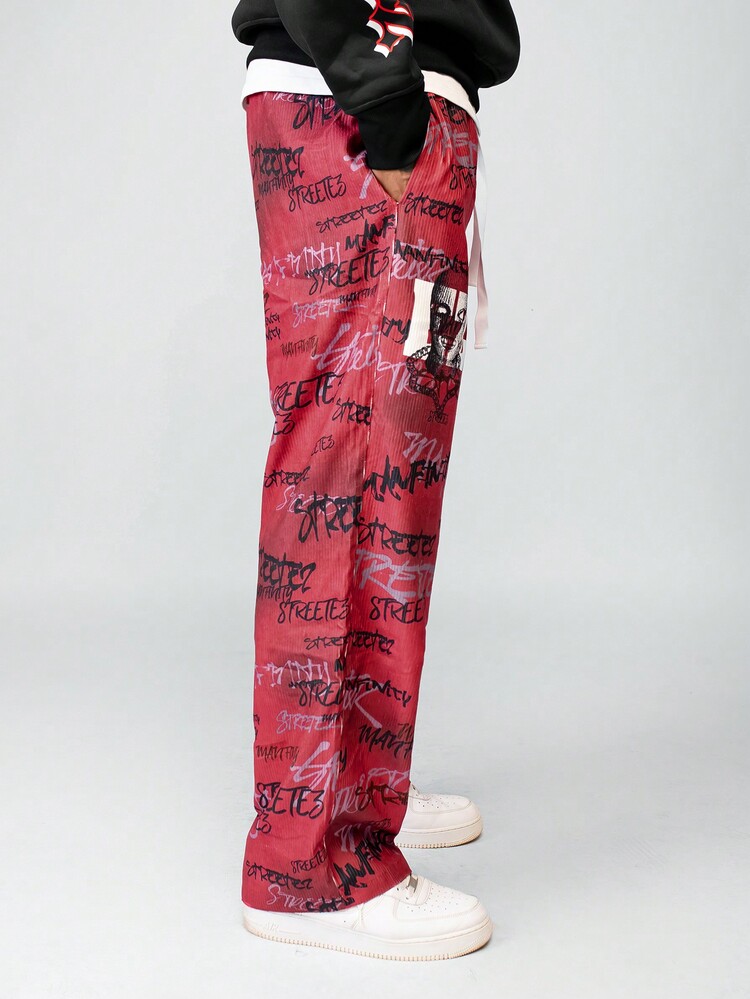 Manfinity VCAY 男士时尚百搭数字印花宽松梭织裤 - 酒紅色 - 查看 3