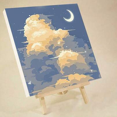 1 件成人初学者数字油画套装，柔软云彩和新月，20 宽 x 20 长或 30 宽 x 30 长帆布画，绘画油画，带 2 支画笔，丙烯颜料花卉和风景，DIY 绘画，家居墙壁装饰圣诞节，可作为节日礼物