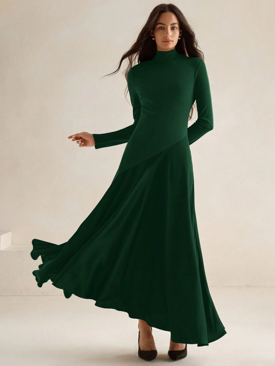 Anewsta Long Knit Splice Dress With Turtleneck And Wide Hem, Camel Color, Urban High-End - Green - View 1