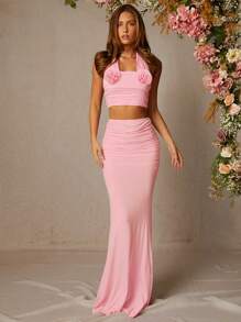 L'Amorae Ropa de invierno para mujer, falda larga elegante de unicolor rosa con volumen en la cintura alta y diseño de cola de pez para boda, fiestas, eventos formales