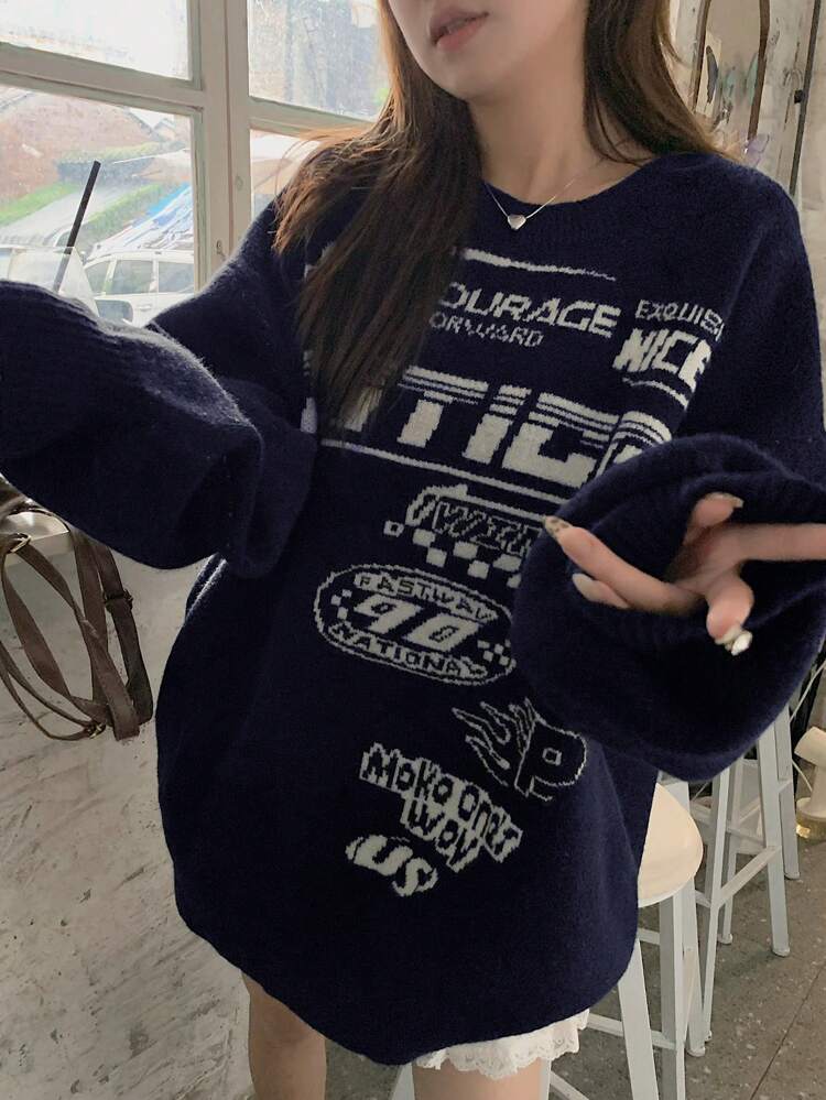 Women's Solid Color Crew Neck Casual Loose Racing Style Long Sleeve Sweater,Fall Women Clothes