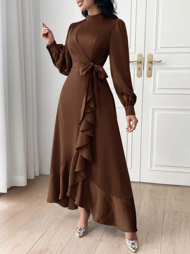 Modelyn Women Fashion Solid Color Belted Long Sleeve Dress,Elegant Evening Party Dress Long Evening Dresses - Coffee Brown - View 1