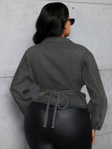 SHEIN SXY 大码女式时尚性感系带圣诞服装女式感恩节女式牛仔夹克 - 深灰色 - 查看 2