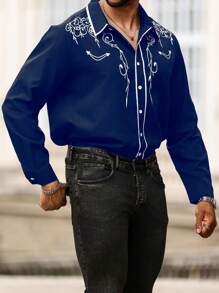 Manfinity Homme Plus Size Men's Button-Front Graphic Print Casual Long Sleeve Shirt - Navy Blue - View 6