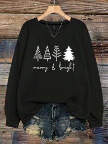 SHEIN LUNE Plus Size Women's Merry Christmas Tree Printed Sweatshirt Crew Neck Long Sleeve Pullover - Black - View 1