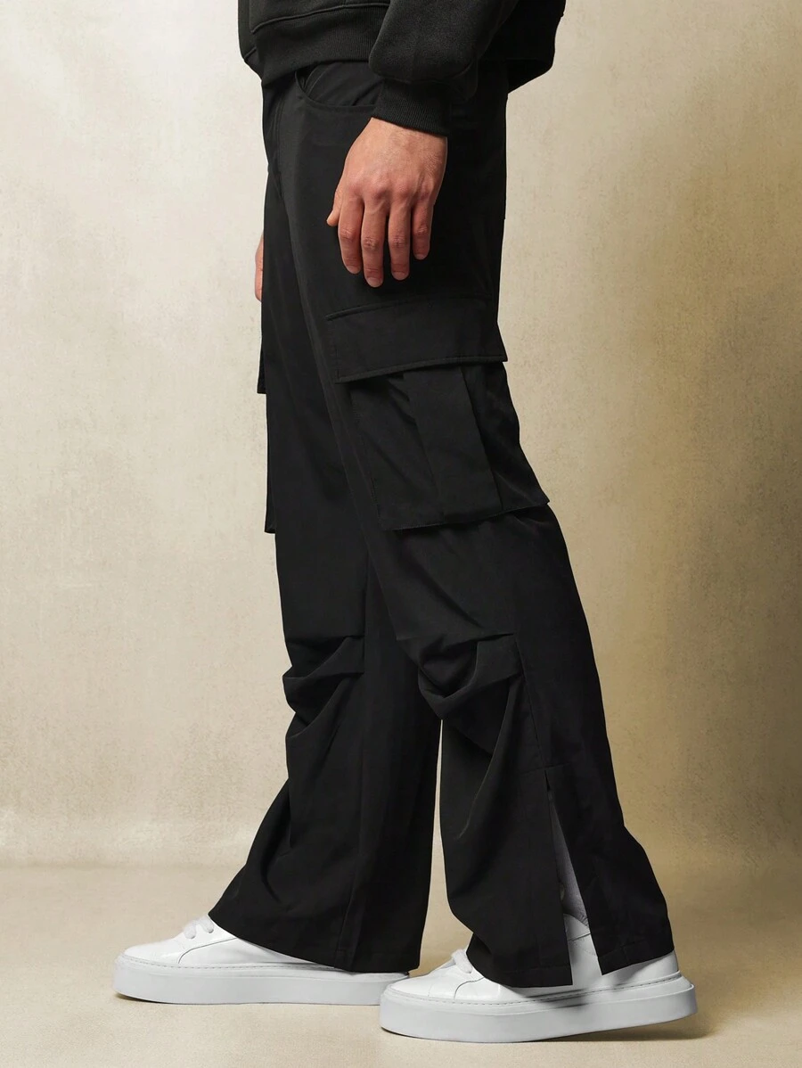 SUMWON Flare Fit Nylon Cargo Pant With Slit - Black - View 1