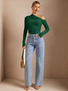 SHEIN BAE 1pc Asymmetric Ruched Sheer Fitted Solid Color Blouse