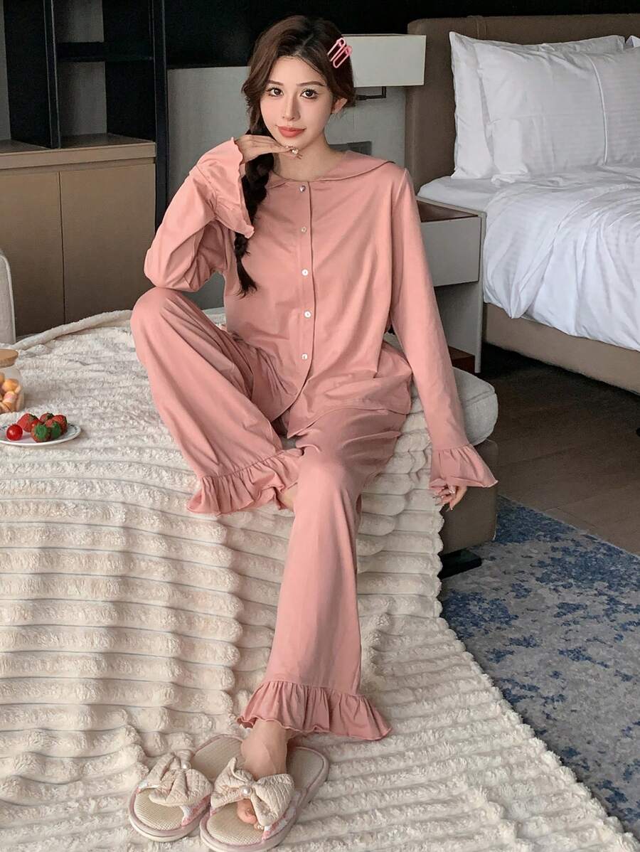 DAZY 2 件套女士纯色长袖单排扣翻领荷叶边上衣和裤子睡衣套装 - 藕粉色 - 查看 1