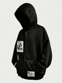 Manfinity VCAY 加大码男士宽松贴花刺绣街头风格拉链长袖连帽运动衫，外出街头穿着拉链连帽衫，适合朋友、丈夫、男朋友的礼物，适合秋冬 - 黑色 - 查看 1