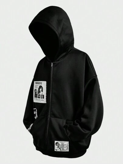 Manfinity VCAY Plus Size Men's Loose Fit Applique Embroidered Street Style Zipper Long Sleeve Hooded Sweatshirt, Going Out Street Wear Zip-Up Hoodie, For Friends, Husband, Boyfriend Gifts, For Fall Winter