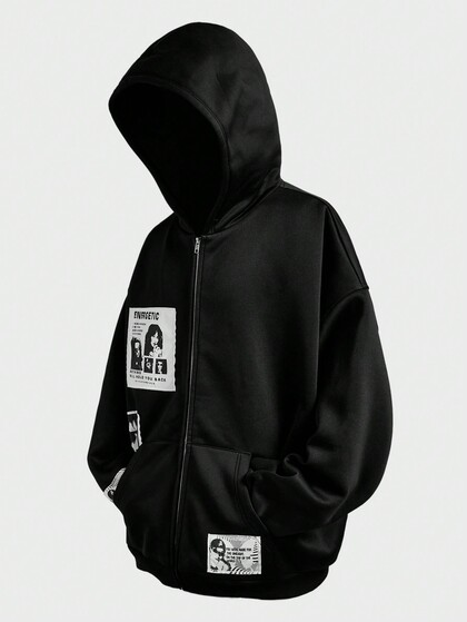 Manfinity VCAY Plus Size Men's Loose Fit Applique Embroidered Street Style Zipper Long Sleeve Hooded Sweatshirt, Going Out Street Wear Zip-Up Hoodie, For Friends, Husband, Boyfriend Gifts, For Fall Winter